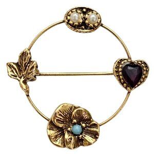 Round Leaf Flower Red Heart Open Brooch Goldette Style J547